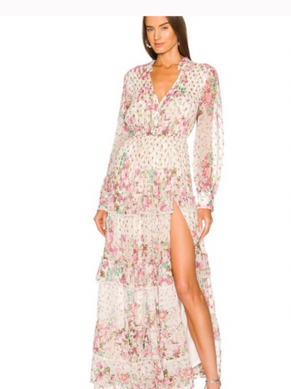 Rococo Sand White Pink Floral Maxi Gown - Gold Mirror Embroidery - NWOT